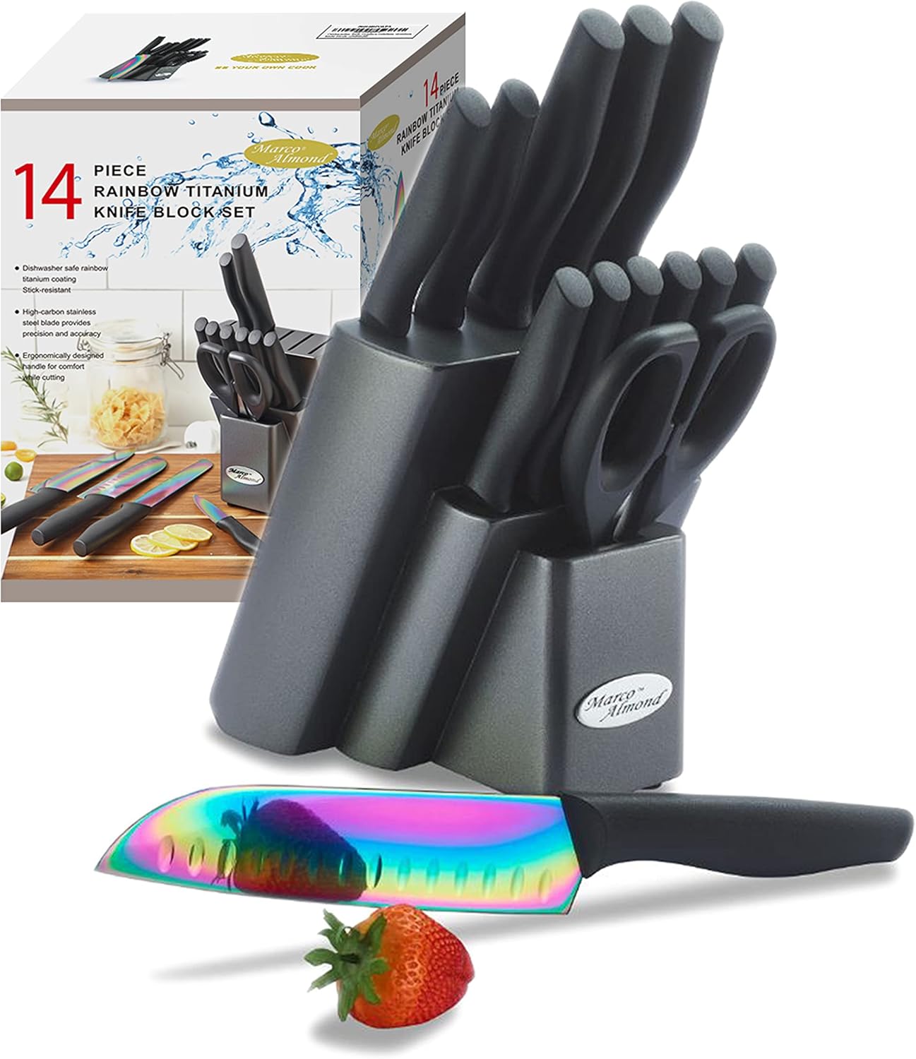 Marco Almond Knife Set with Block - 14 Piece Rainbow Set
