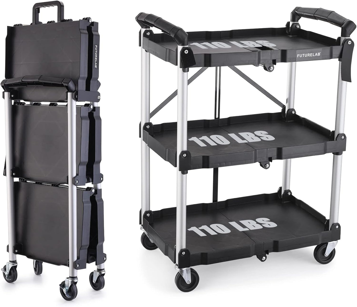FUTURELAB Portable Folding Service Cart - 3 Tier Utility Cart
