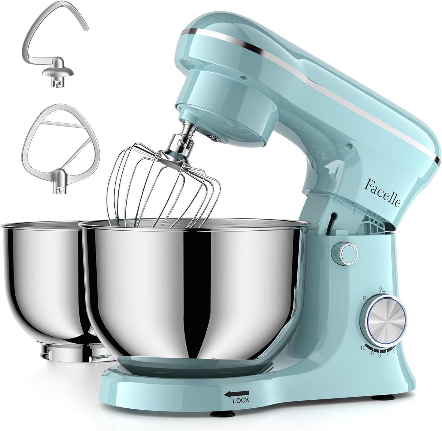 Facelle Tilt-Head Stand Mixer with Two Bowls and 10 Speeds