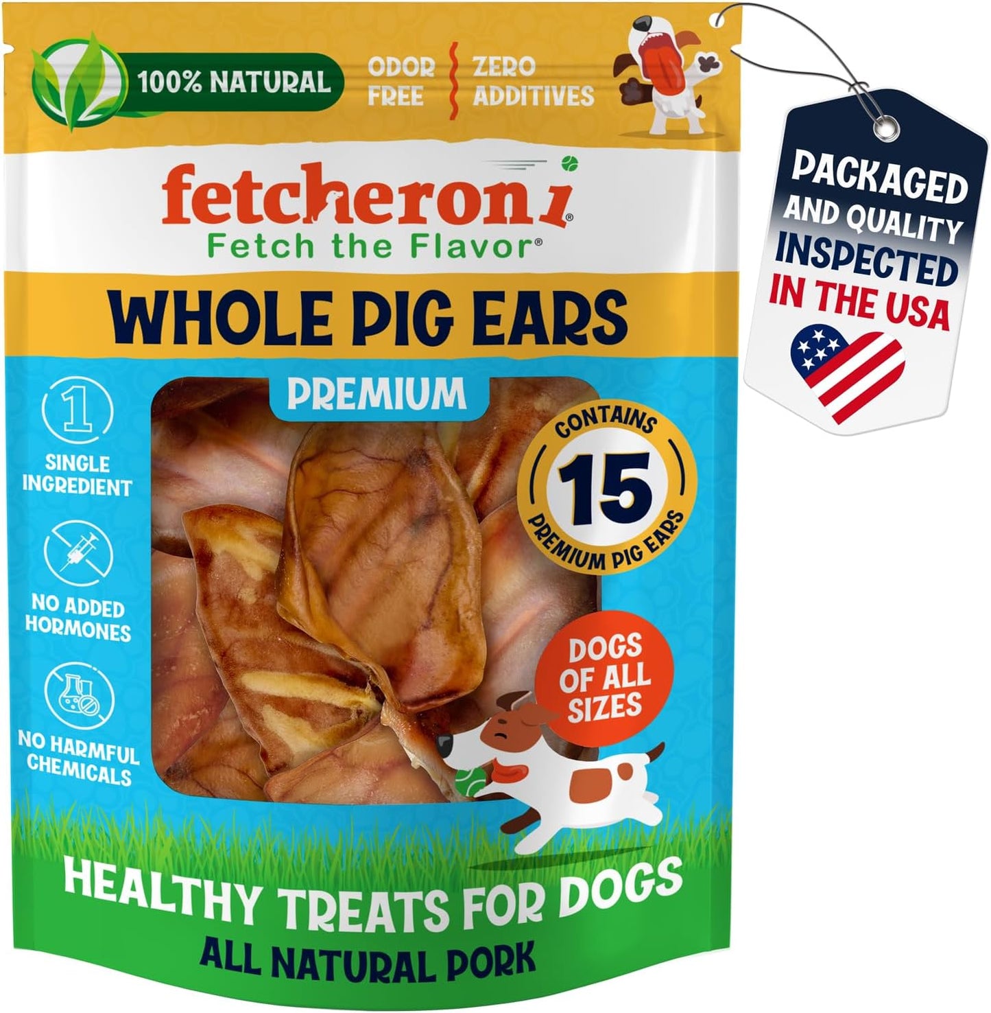 Whole Pig Ears for Dogs - Long Lasting Dental Chews 15 Pack
