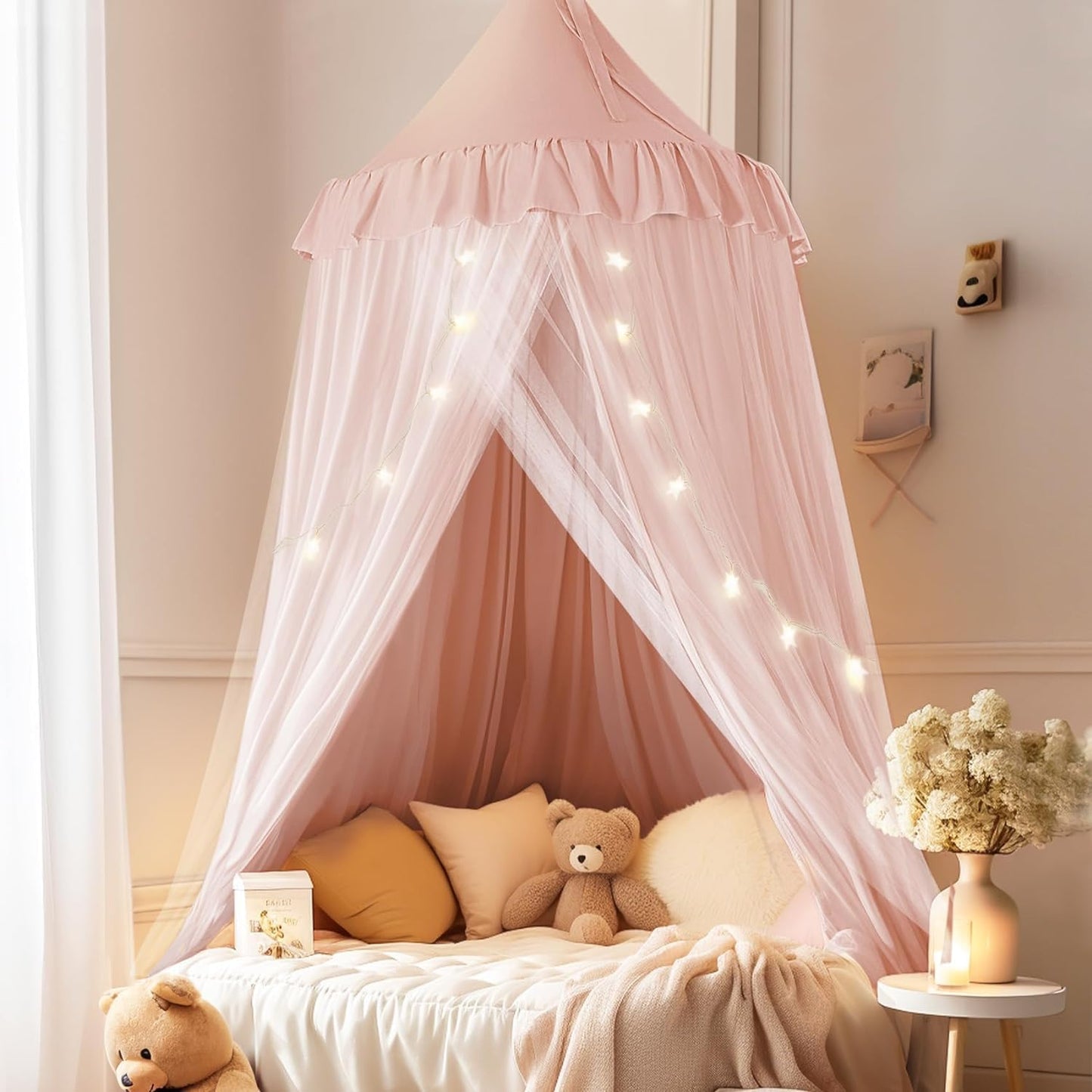 Princess Dream Canopy with Star Lights - Breathable & Washable - 25.6''x106'' - Pink