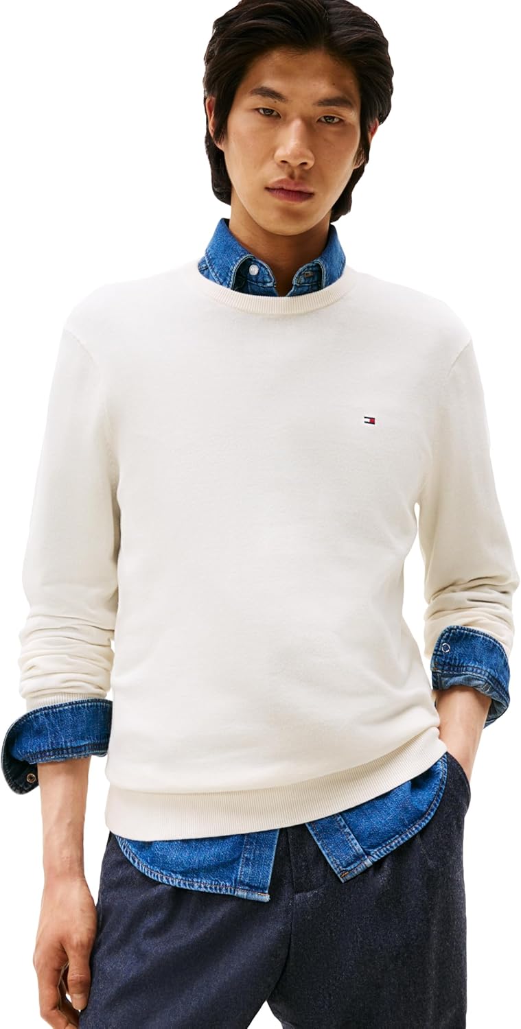 Tommy Hilfiger Mens Cotton Solid Crewneck Sweater Lightweight