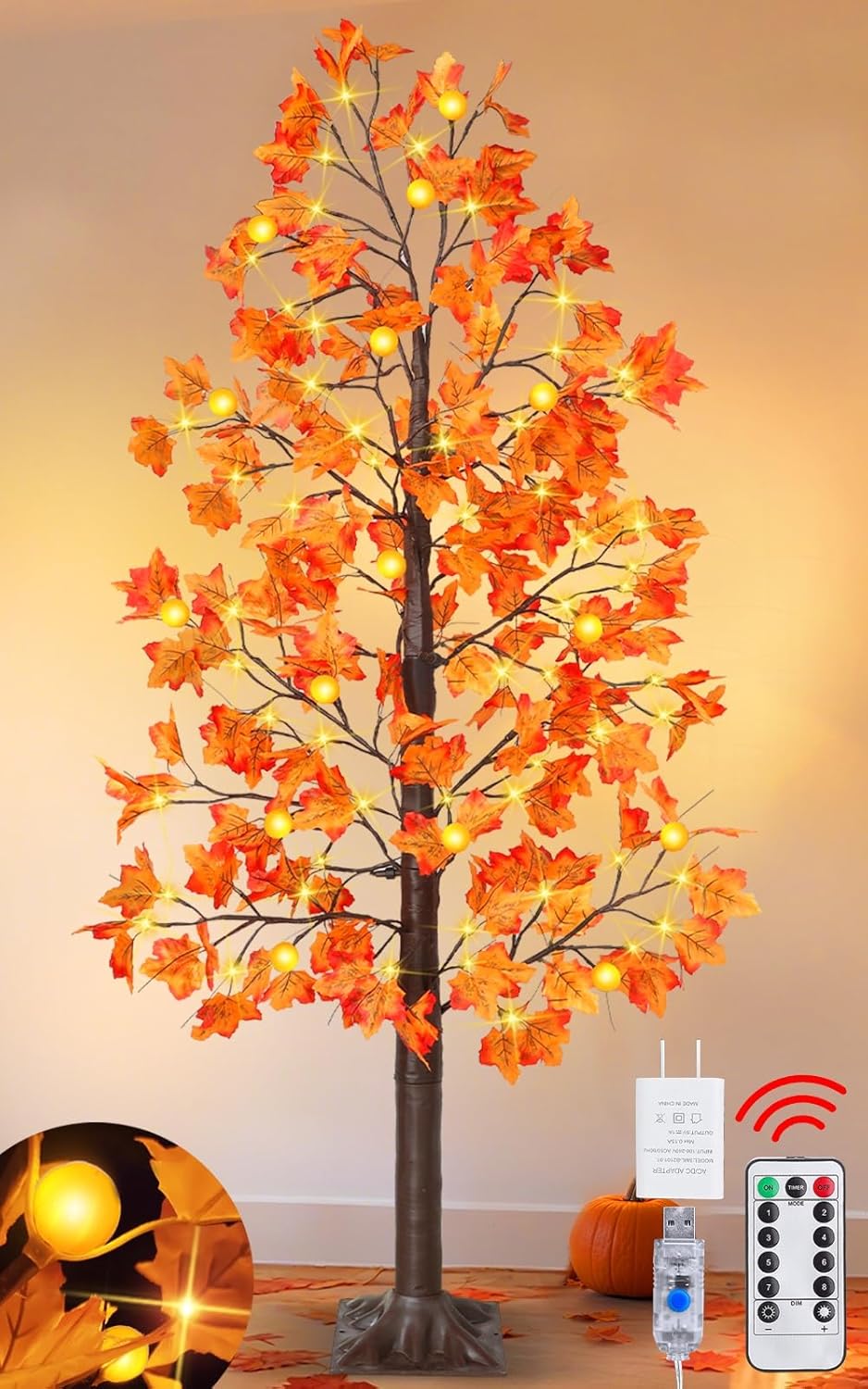 6 Ft Lighted Prelit Fall Maple Tree with Remote Control & Timer