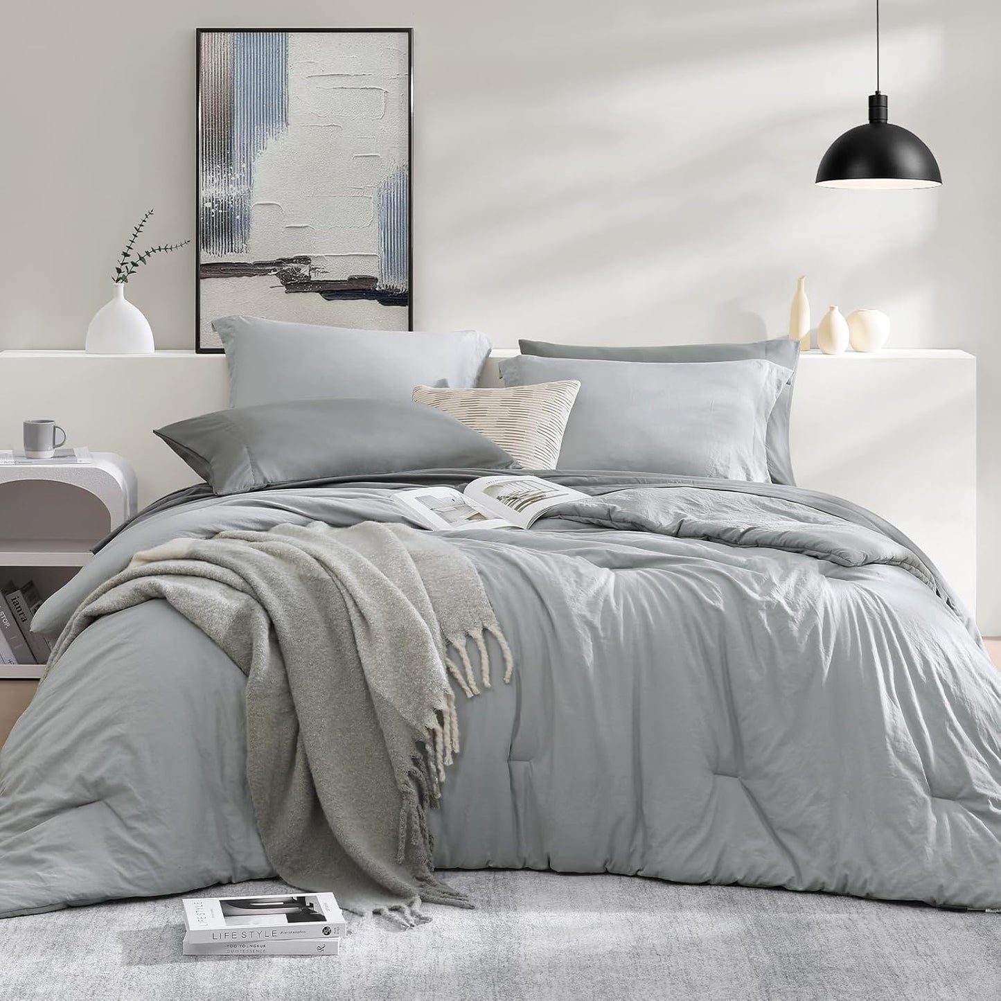 WRENSONGE Queen Comforter Set - 7 Pieces Soft Light Grey Bedding