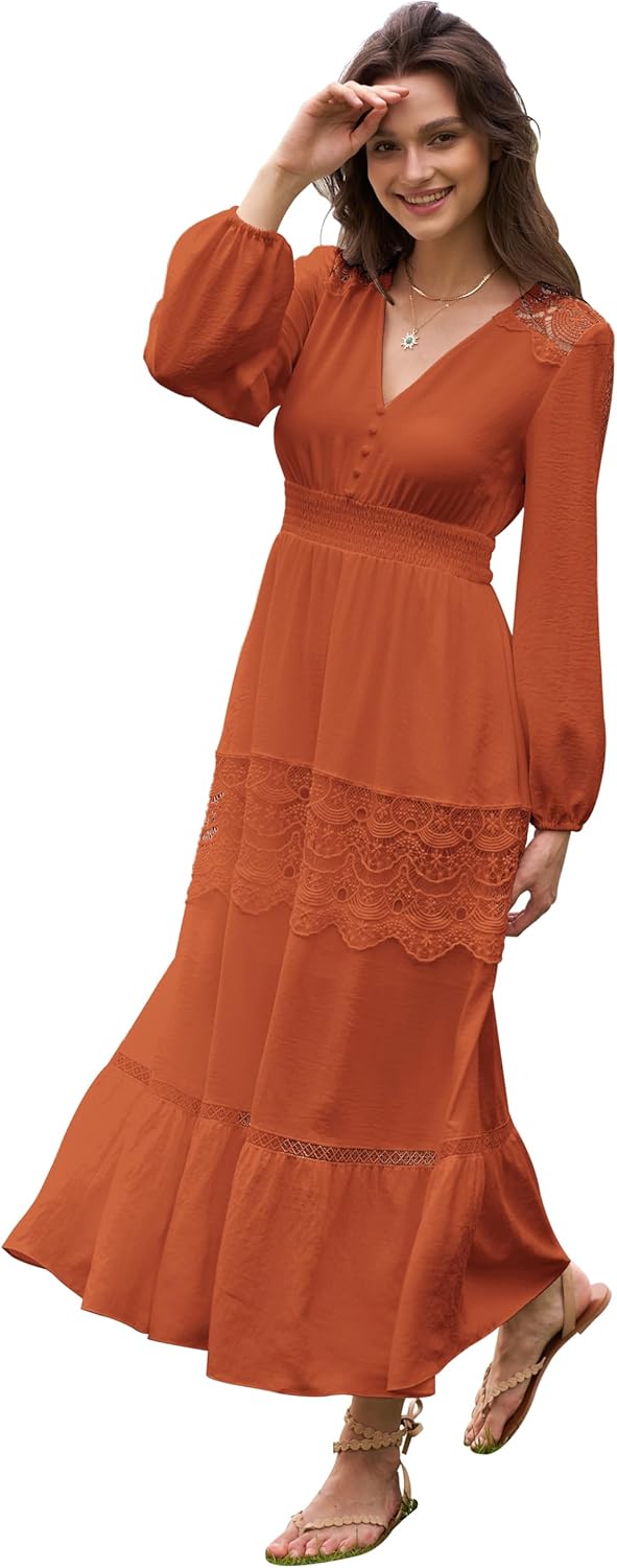 Long Sleeve Maxi Dress for Women - Boho Flowy Wedding Guest