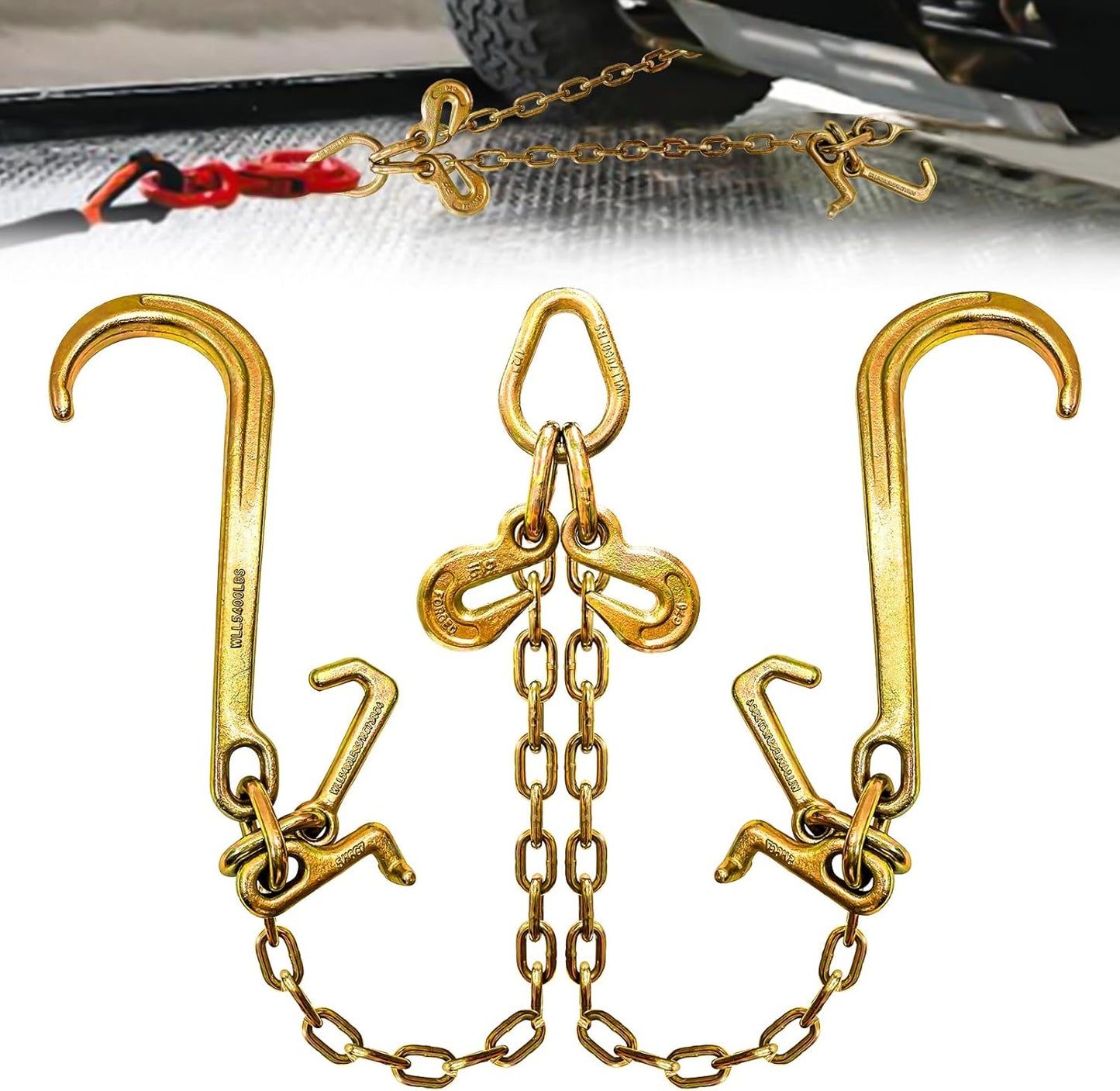 V Bridle Tow Chain G80-5/16 2 Ft with J & Grab Hooks for Towing