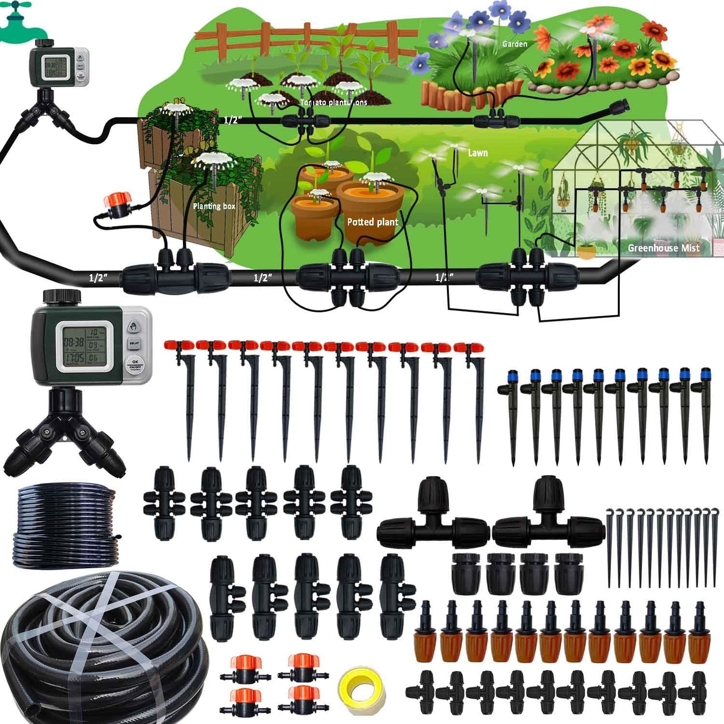 160Ft Drip Irrigation System with Water Timer for Garden