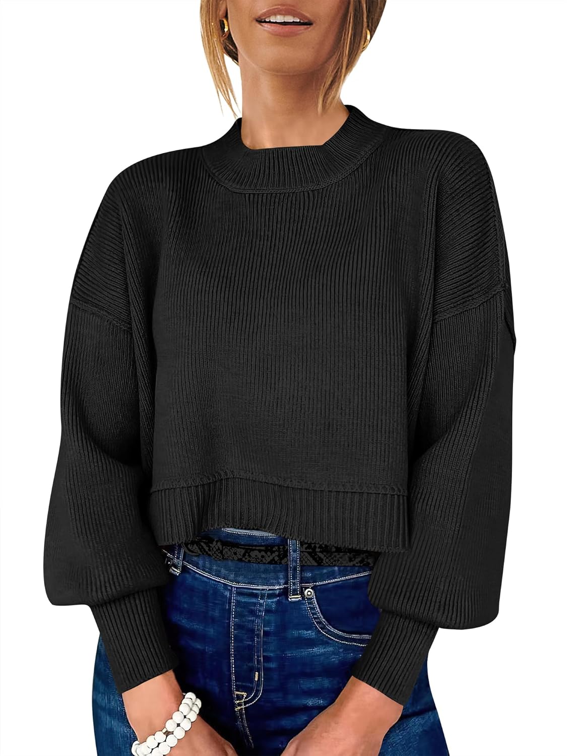 Womens Cropped Sweaters Oversized Crewneck for Fall Fashion