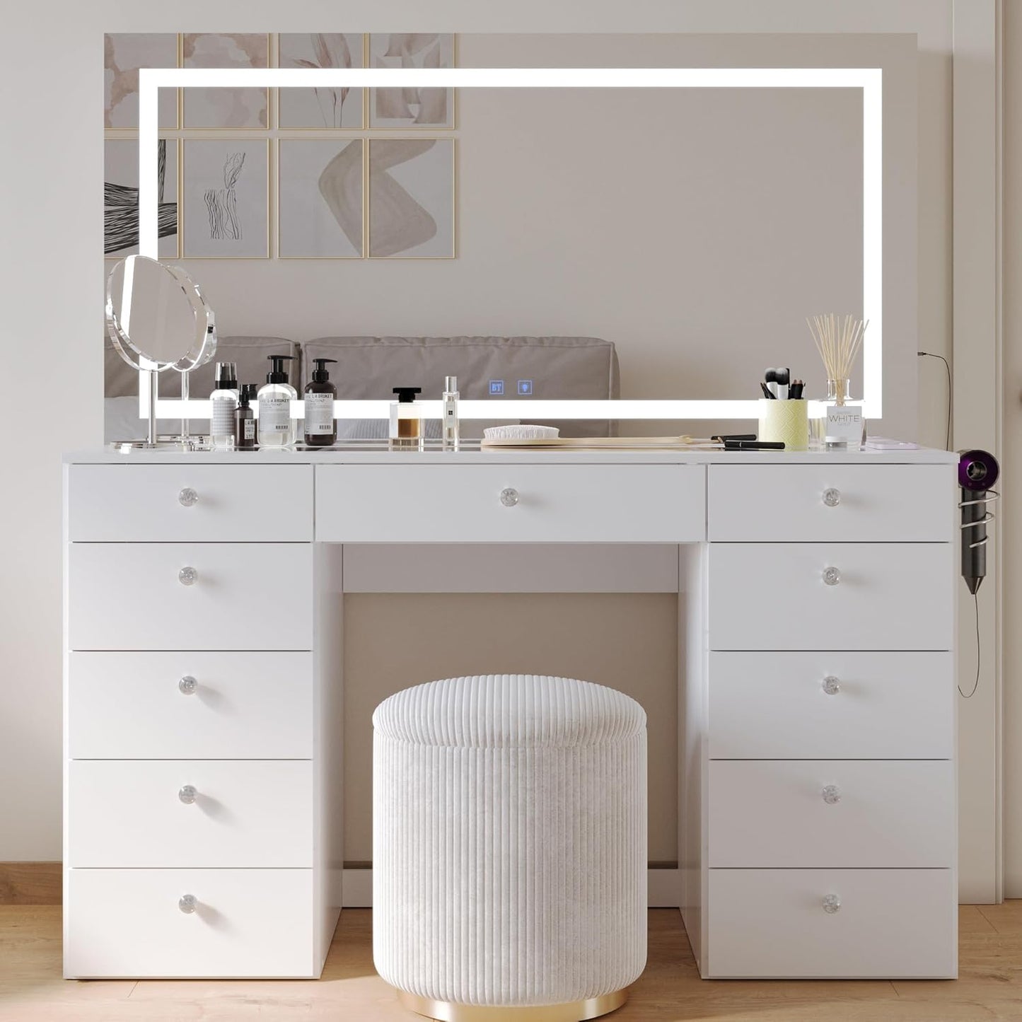 Boahaus Orla - Bluetooth Vanity Desk, Crystal Knobs, LED Lights