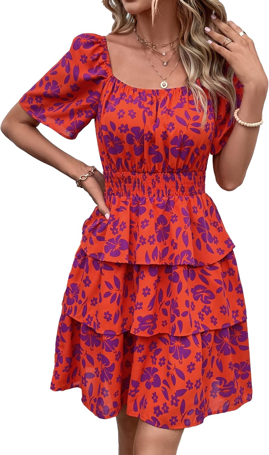 Floral Summer Short Dress with Square Neck and Ruffle Details
