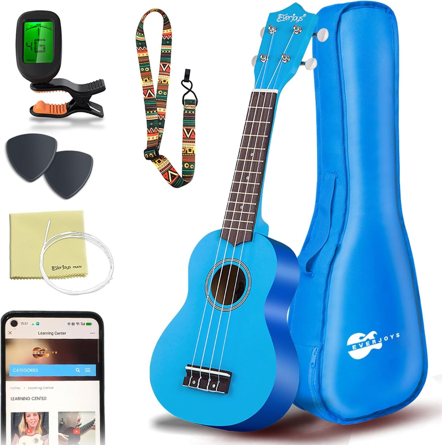 Everjoys Soprano Ukulele Beginner Pack - 21 Inch All in One Kit