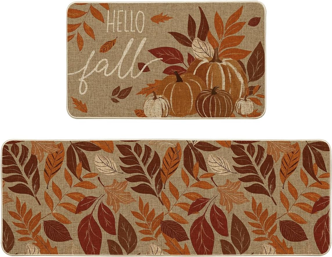 Vintage Maple Leaves Pumpkin Kitchen Mats Set for Fall Decor