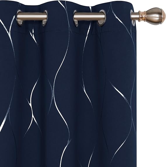 Deconovo Silver Wave Foil Printed Blackout Curtains for Bedrooms