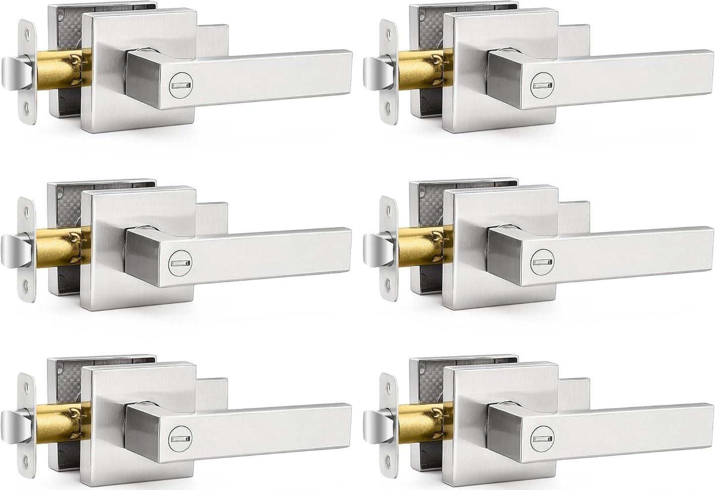 6 Pack Square Door Lever Privacy Lock Handleset in Satin Nickel