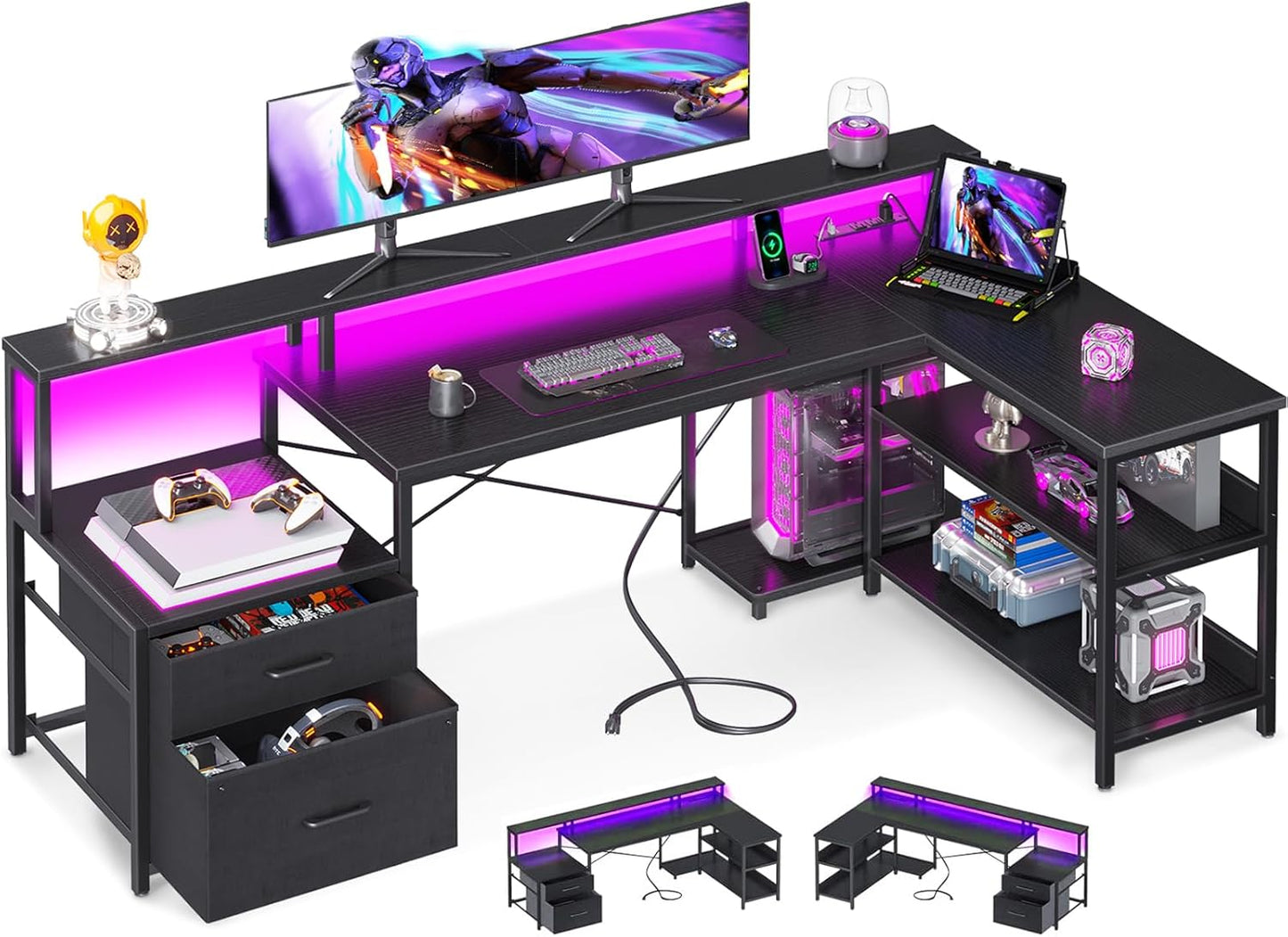ODK L-Shaped Desk: Reversible, Power & LED, Storage