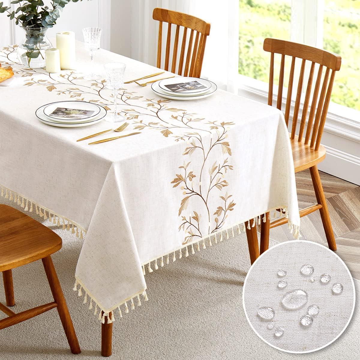 QIANQUHUI Embroidered Tablecloth for Rustic Dining Tables