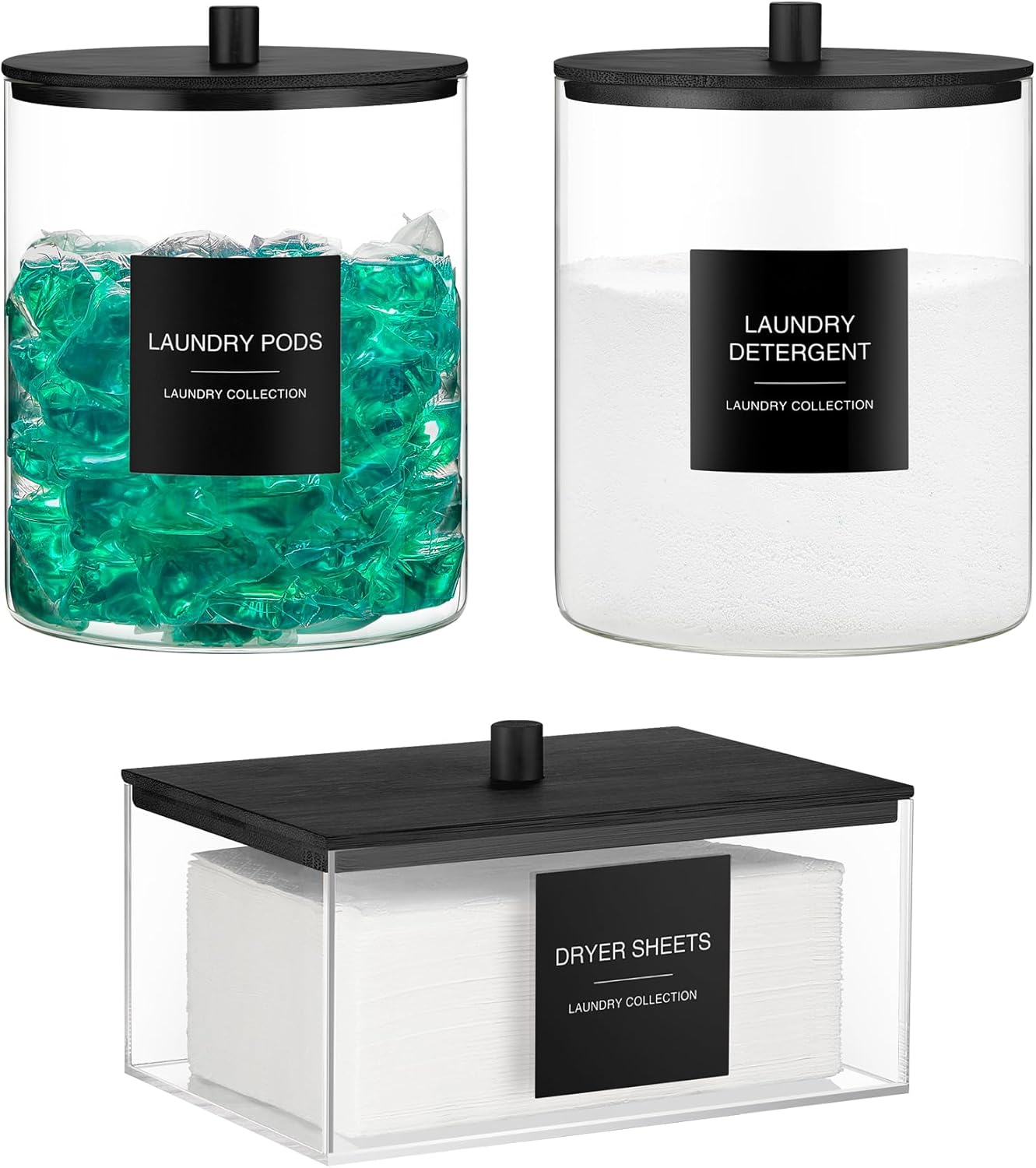 Glass Jars and Acrylic Dryer Sheet Holder for Laundry Pods