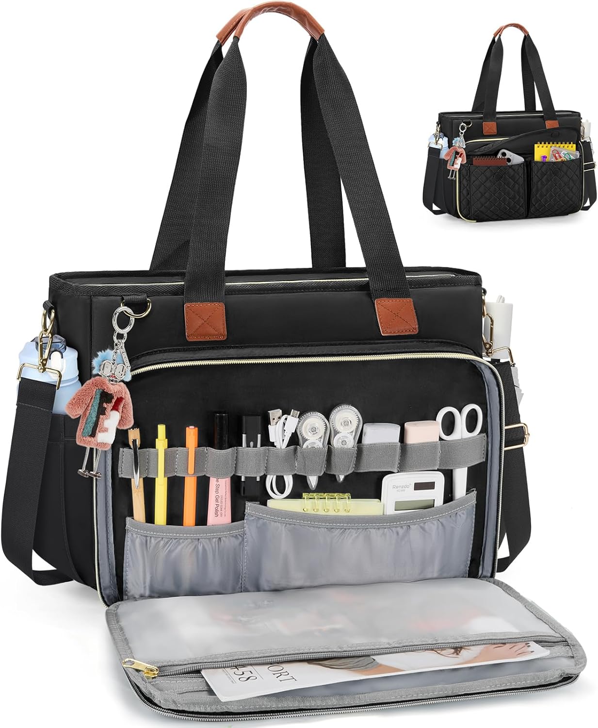 RAINSMORE Teacher Tote Bag for Women with Large Cup Holder