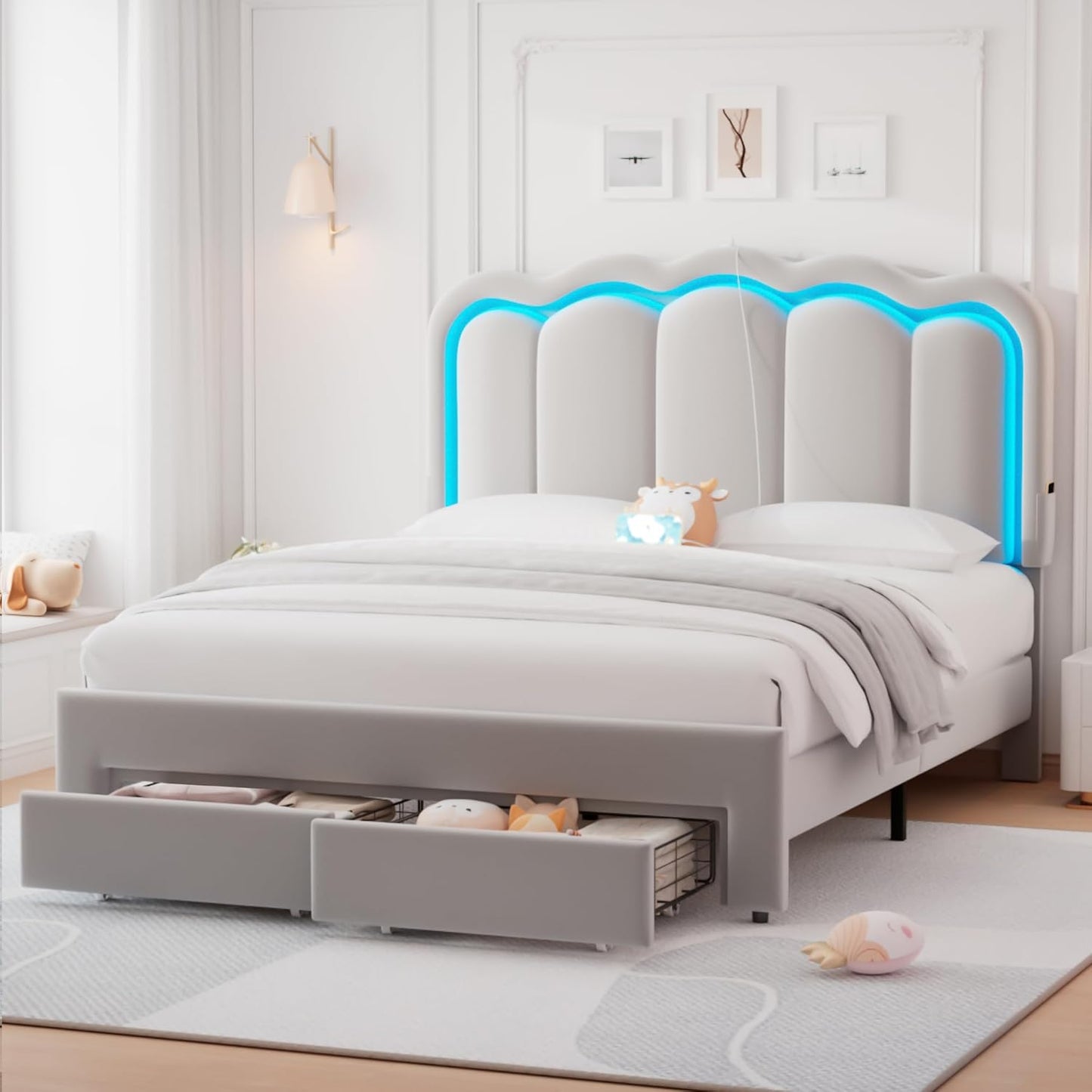 Queen Upholstered LED Bed Frame with Storage Drawers and Lights