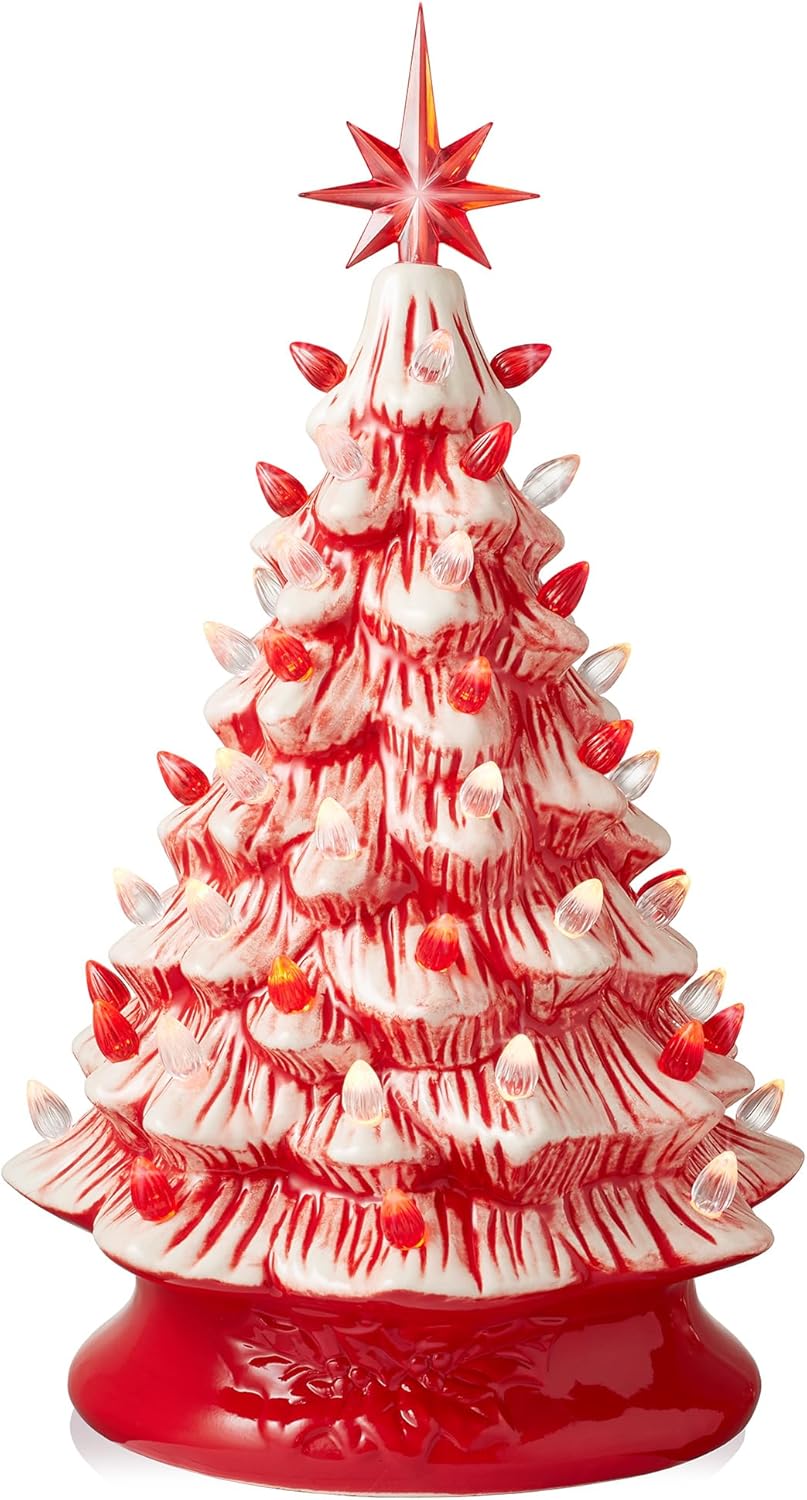 Hand Painted Ceramic Christmas Tree with Lights and Star Toppers