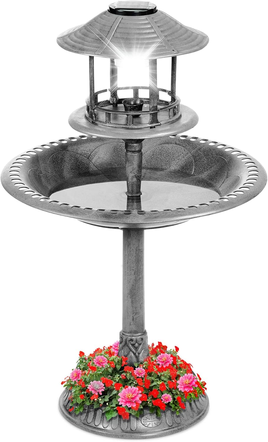 Solar Outdoor Bird Bath with Planter Base and Decorative Features