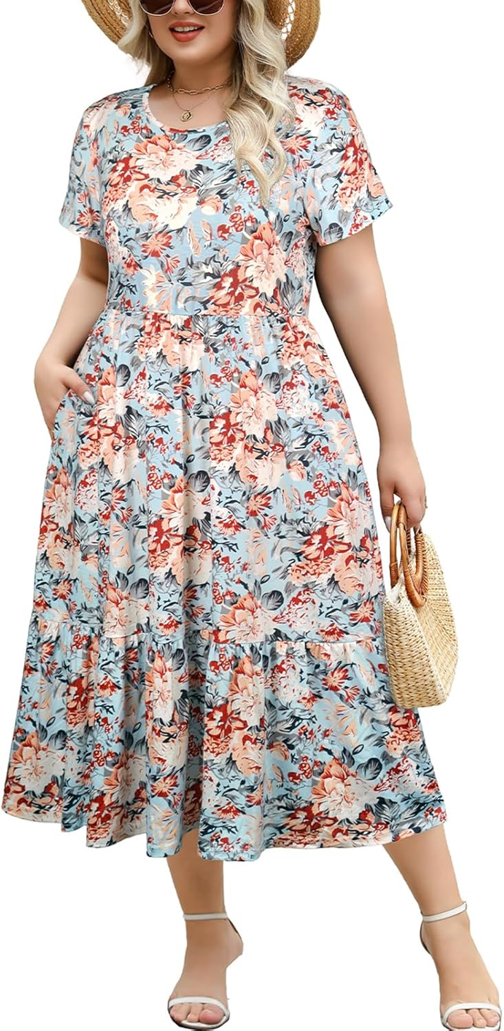 Women's Plus Size Midi Casual Dress with Pockets for Summer