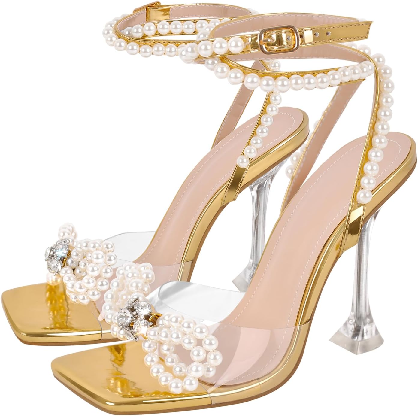 Yolkomo Women's Square Toe Clear Heels with Rhinestone Bow