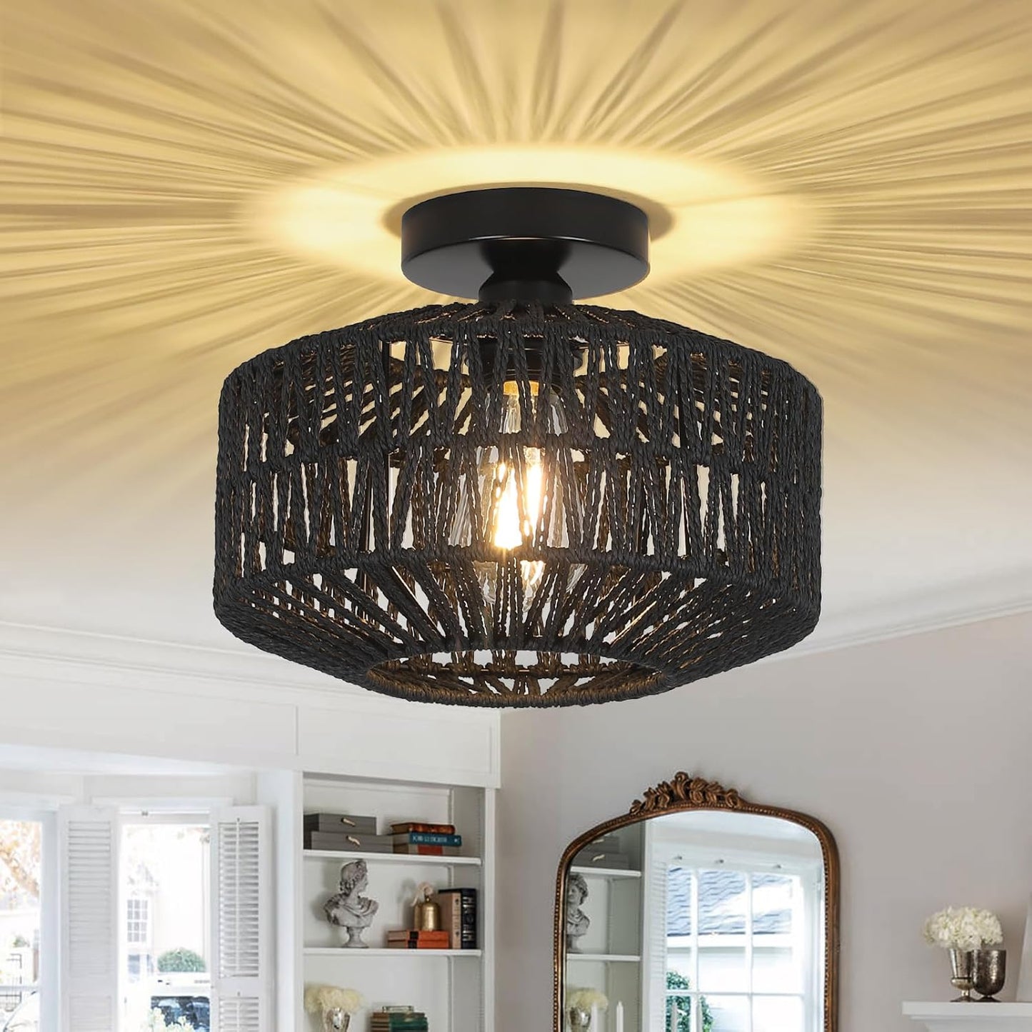 Rattan Light Fixtures Ceiling Mount for Boho Style Homes