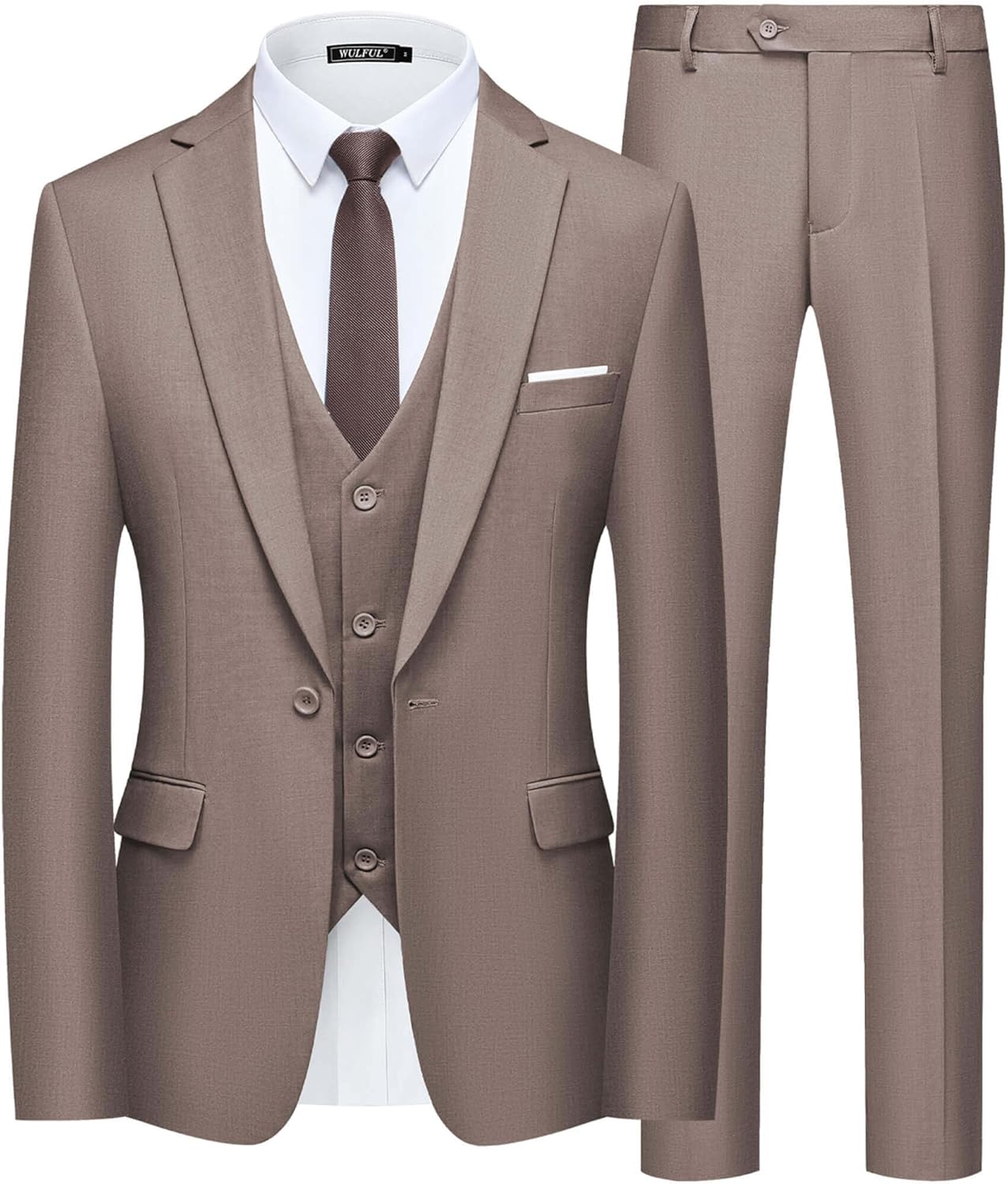 WULFUL Mens Slim Fit Suit One Button 3-Piece Blazer Jacket