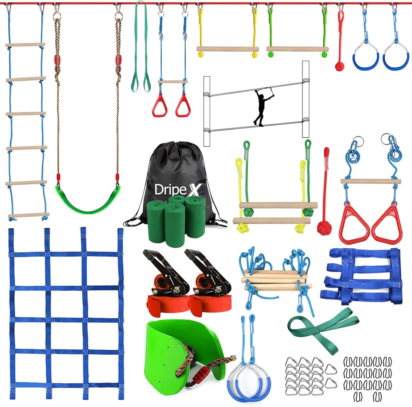 Ninja Warrior Obstacle Course for Kids - 250ft Slackline Kit