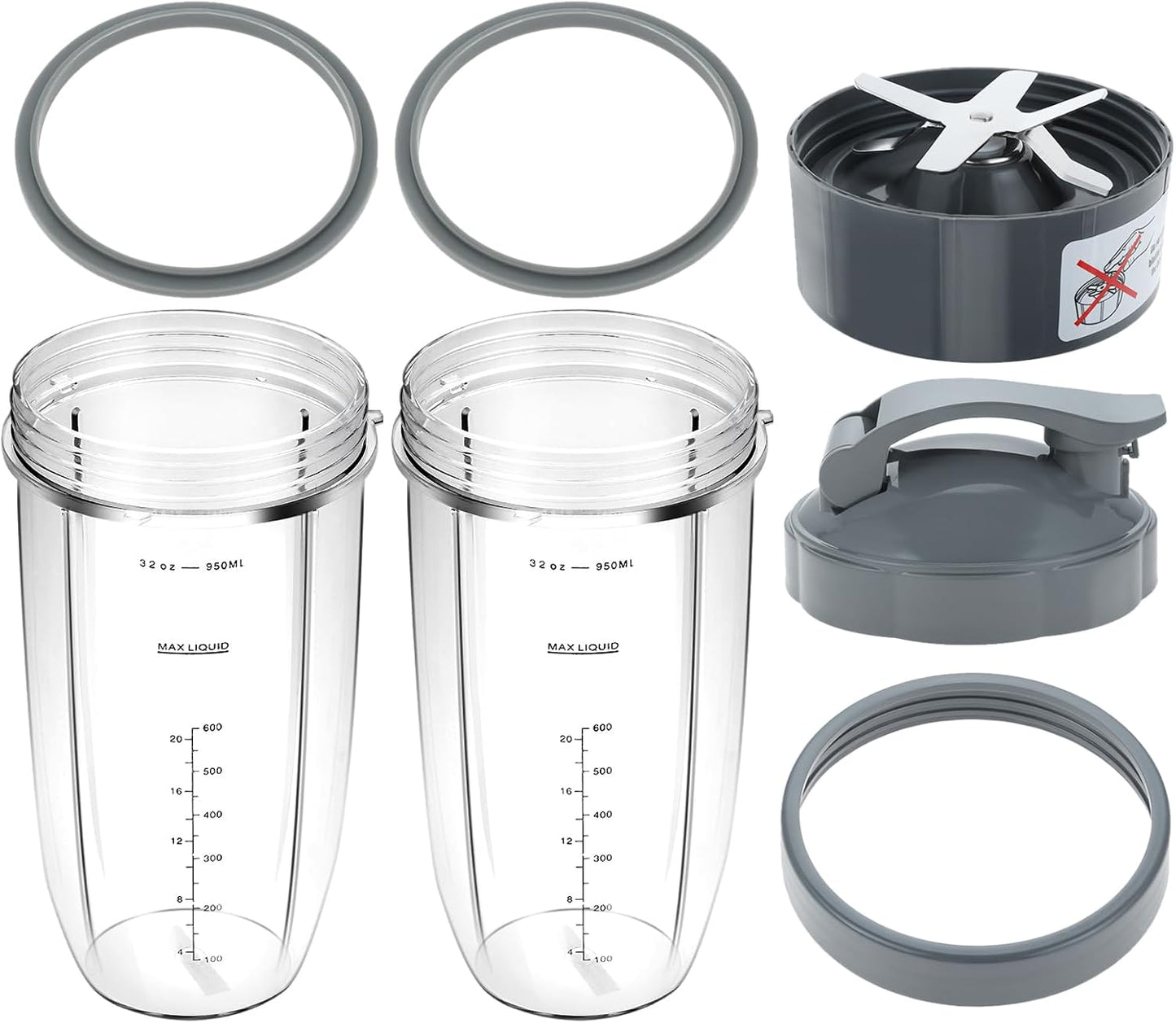 DRELD 8pc Nutribullet 32oz Cup Set, Flip-Top Lid, Brush, Compatible 600W/900W