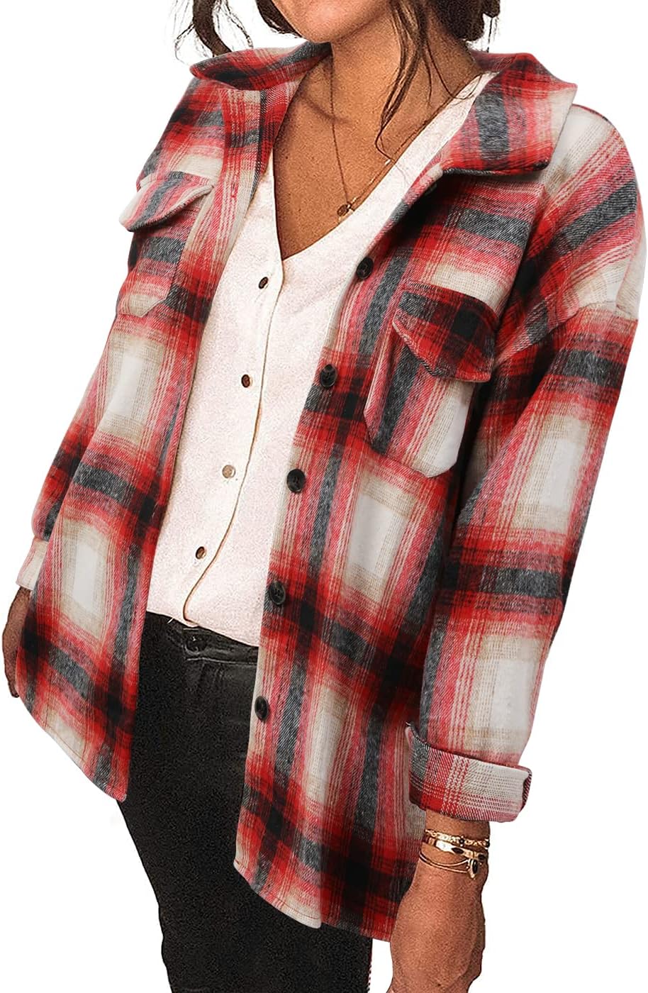 Women's Brushed Plaid Shirts Long Sleeve Flannel Shacket Jacket