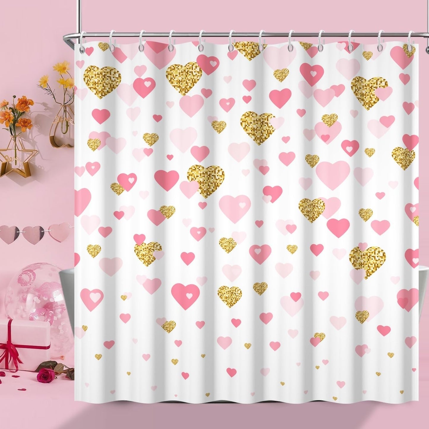 Romantic Gold & Pink Heart Shower Curtain Set