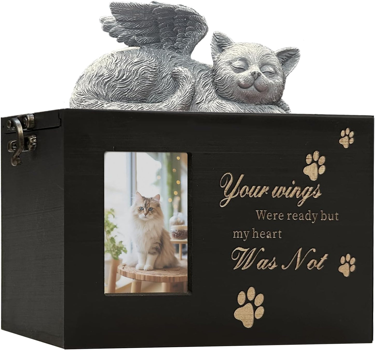 Cat Urn for Ashes Box with Picture - Elegant Wooden Keepsake