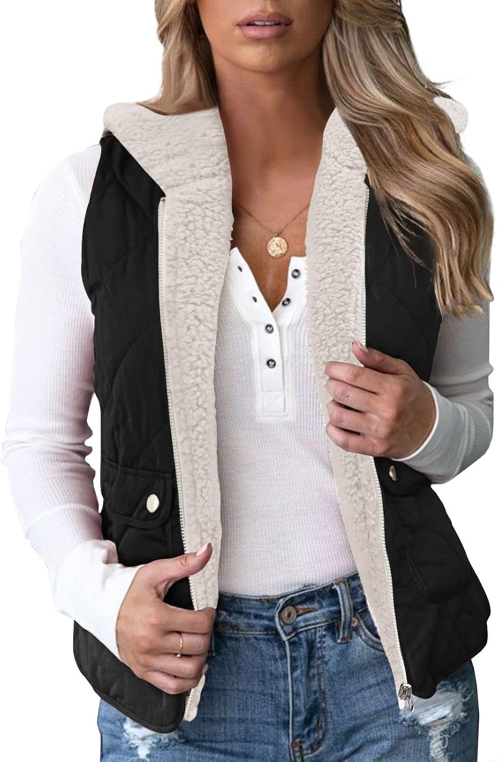 Womens Reversible Quilted Sherpa Fleece Vest - Cozy Lightweight Jacket