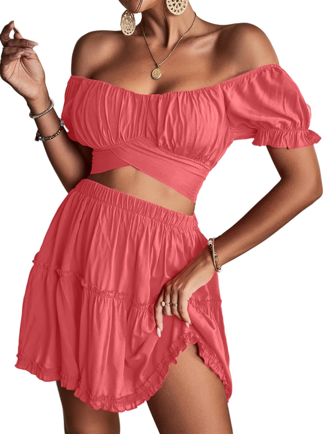 LYANER Women's Floral Off Shoulder Crop Top and Mini Skirt Set