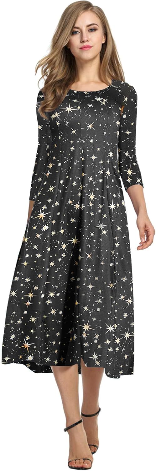 HOTOUCH Women's 3/4 Sleeve A-line Midi Long Dress for Elegance
