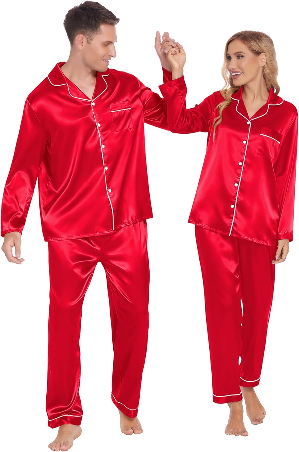 Ekouaer Couples Matching Pajamas Silk Long Sleeve Sleepwear Set