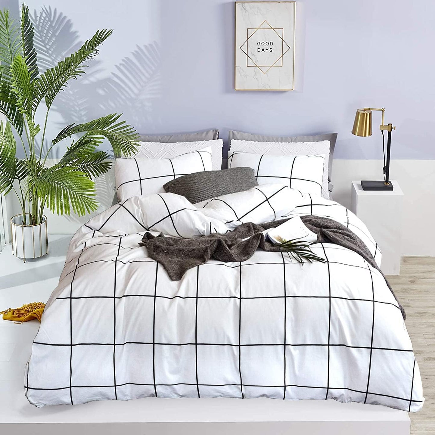 Wellboo White Plaid Comforter Set Queen Soft Warm Bedding
