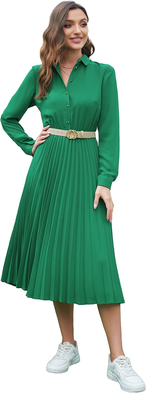Business Casual Shirt Dress for Women with Pleated Midi Style