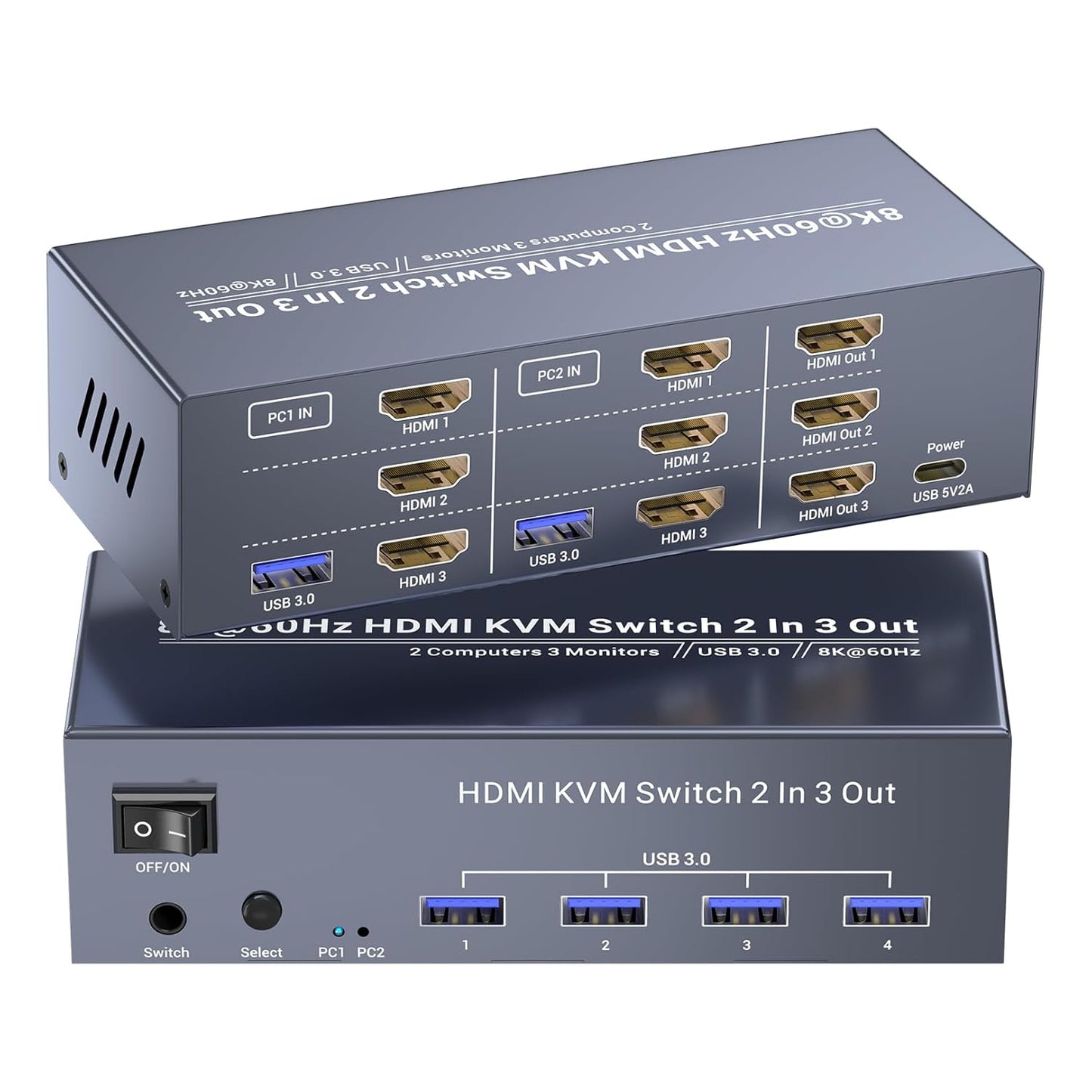 8K@60Hz HDMI KVM Switch for 3 Monitors and 2 Computers