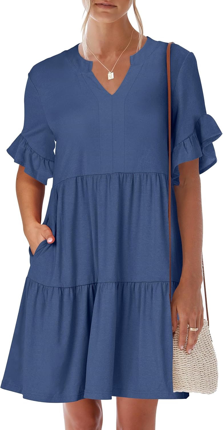 Trendy Ruffle Short Sleeve V Neck A Line Mini Beach Dress