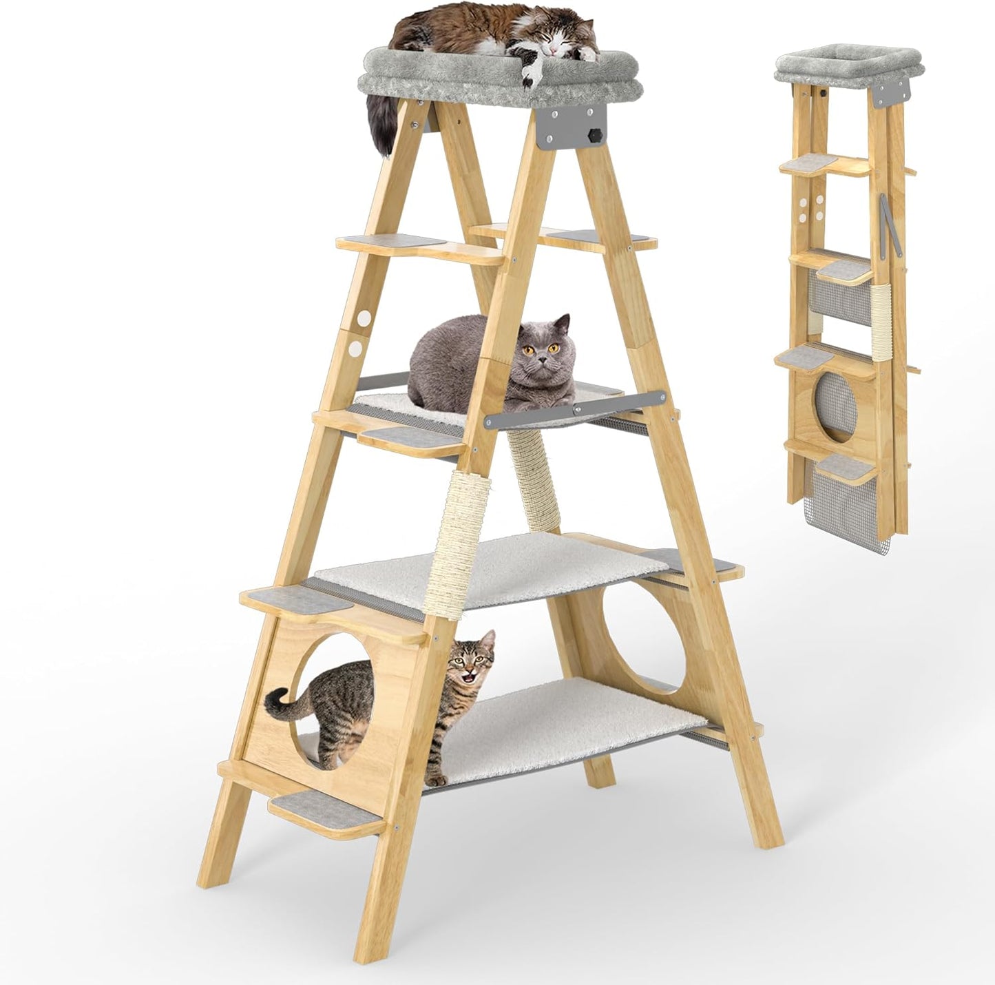 GDLF Modern Wood Cat Tree with Foldable Ladder & Hammock