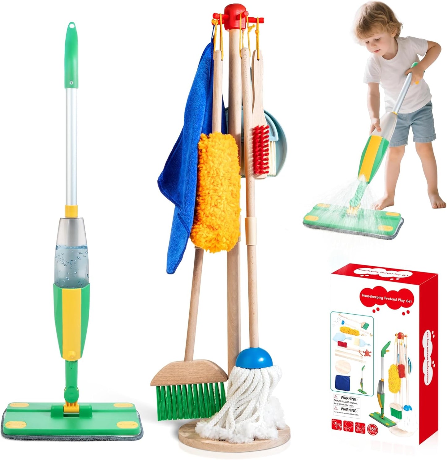 Wooden Kids Cleaning Set with Spray Mop for Fun Pretend Play