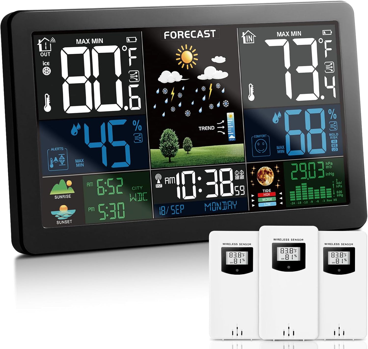 Wireless Indoor Outdoor Thermometer with Color Display and Sensors