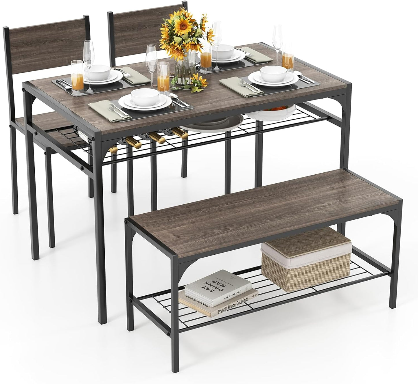 Tangkula Dining Table Set for 4 with Bench and Storage Rack
