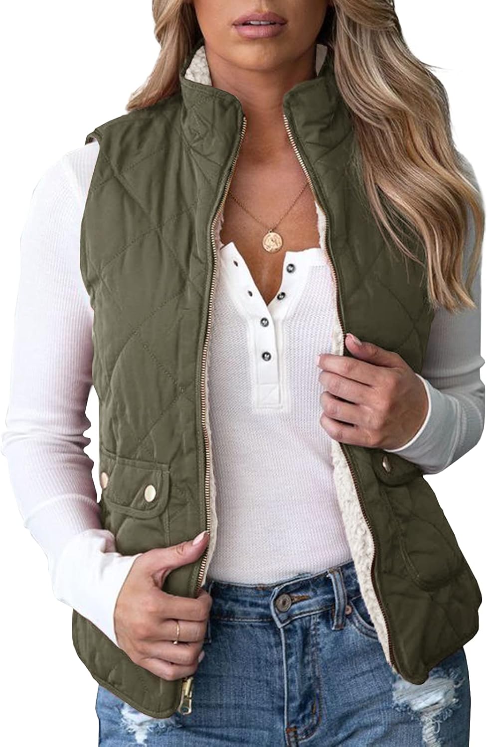 Reversible Quilted Sherpa Fleece Vest for Women - Lightweight Style