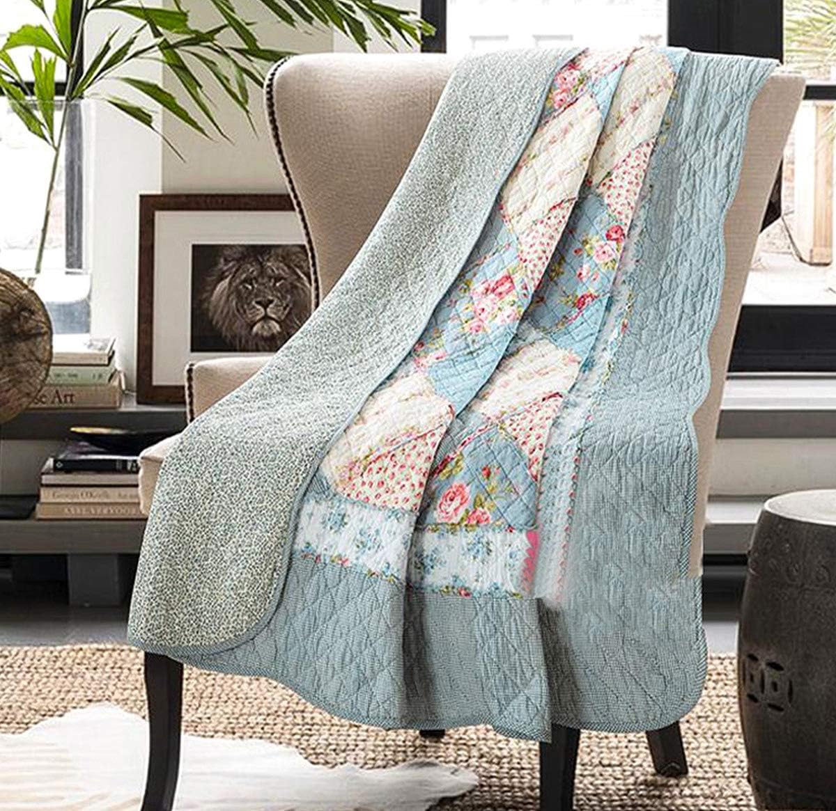 Cozyholy 100% Cotton Quilt Blue Floral Patchwork Throw Blanket