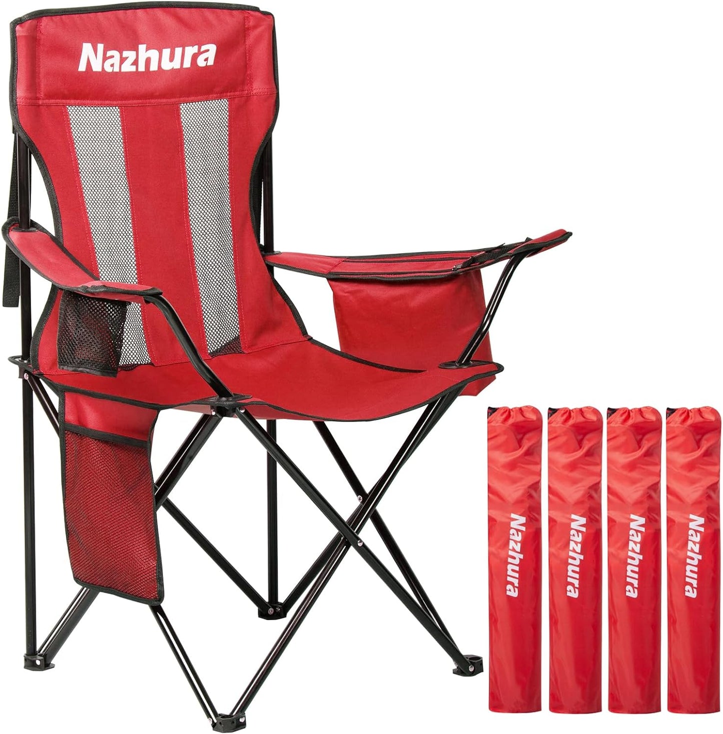 Portable Camp Chairs with Cooler, Mesh Backrest, Cup Holder - 4 Pack