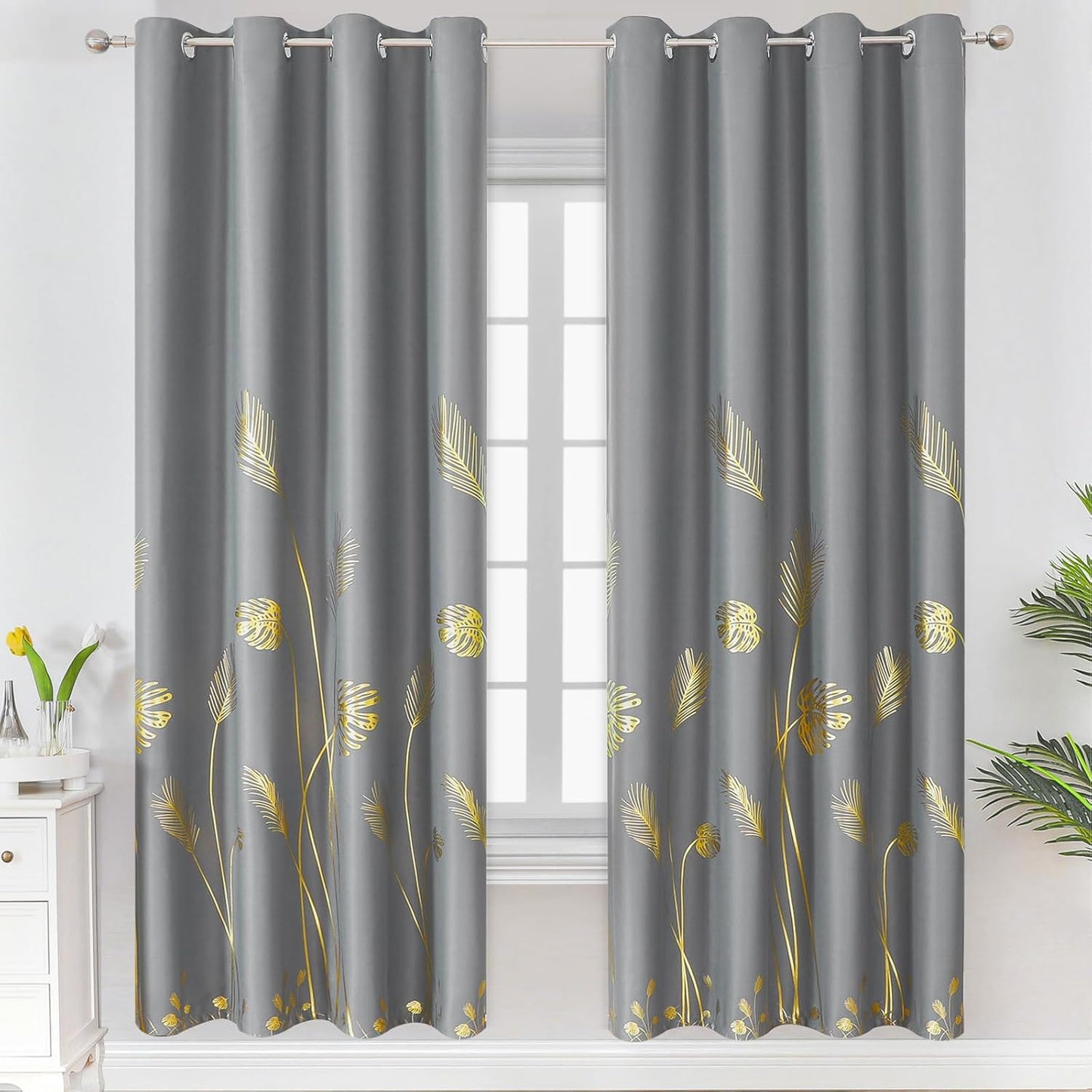 Estelar Textiler Gold and Grey Blackout Curtains for Bedrooms
